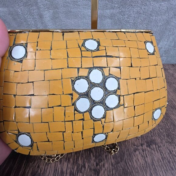Antik Craft Metal Clutch Crossbody Honey Metallic Gold Mosaic Tile Art Chain New - Picture 6 of 15